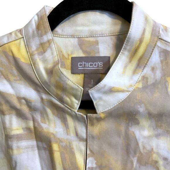 Chico's Open Front Jacket Sz 1 (8) Abstract Watercolor Print Yellow Tan Career - Picture 6 of 8